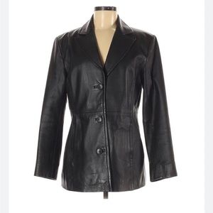Worthington 100% Genuine Lambskin Leather Collared Black V-Neck Jacket
